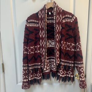Anthropologie Burgundy and Cream Geometric Cardigan
